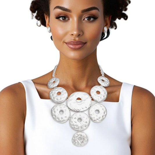 Bib Chunky Hammered Silver Metal Donut Necklace