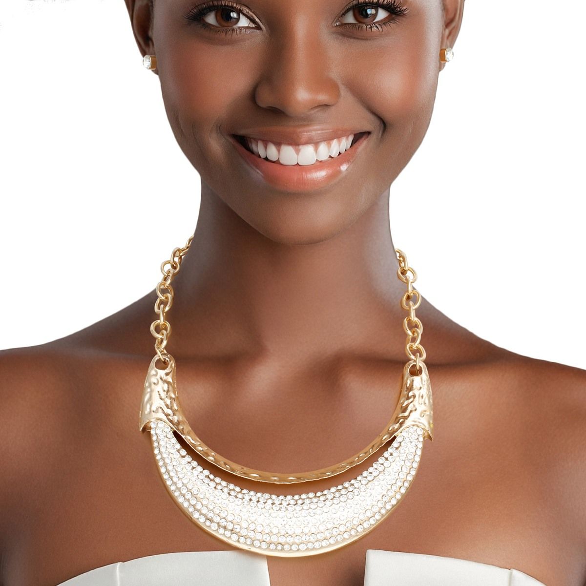 Bib High Shine Rigid Gold Plate Bling Necklace