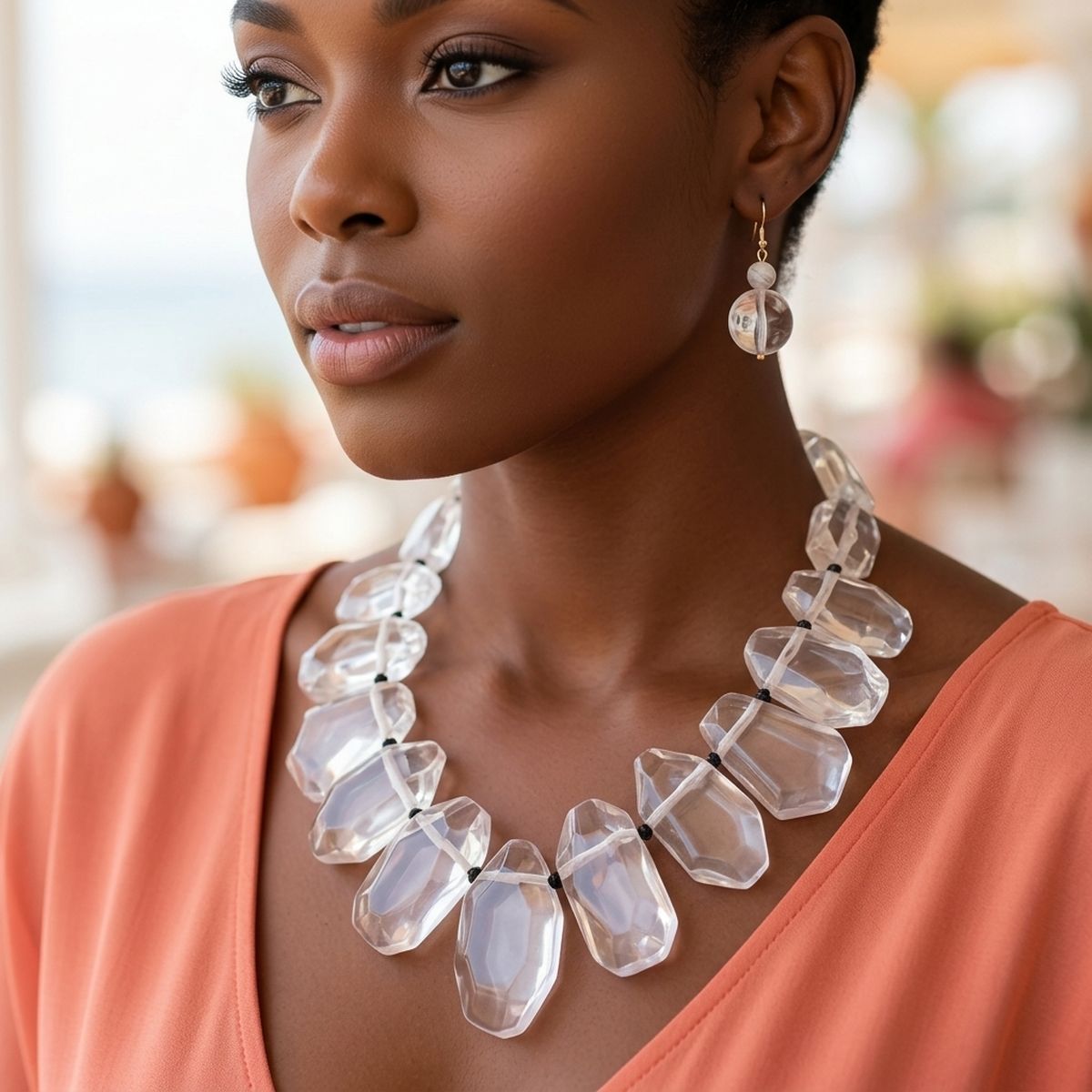Toggle Chunky Clear Bead Cord Tribal Necklace