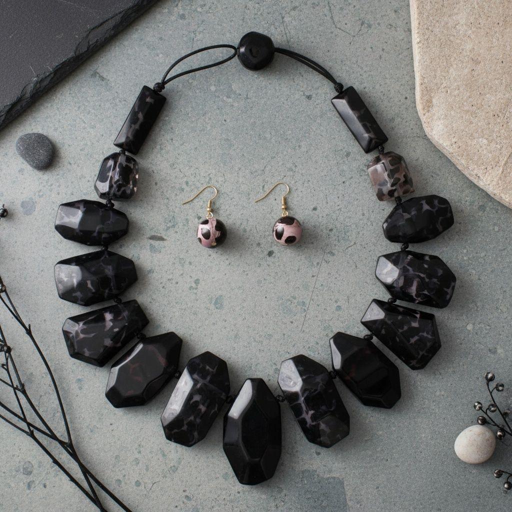 Toggle Chunky Black Leopard Bead Cord Necklace