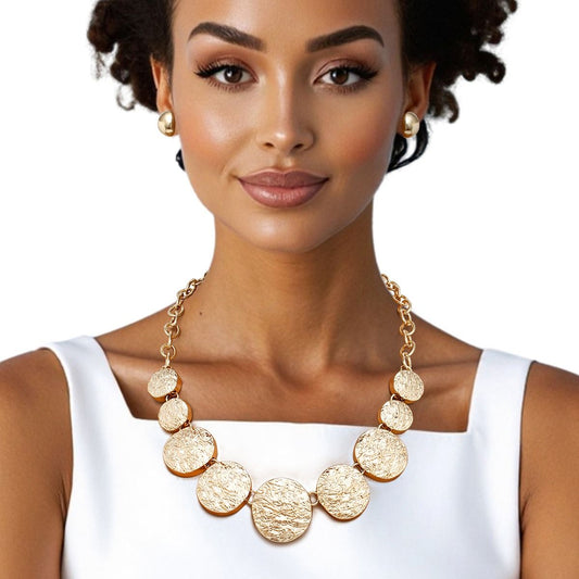 Chain Gold Heavy Duty Crinkle Metal Disc Necklace