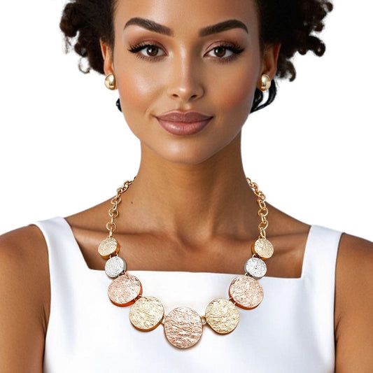 Chain Multi Heavy Duty Crinkle Metal Disc Necklace