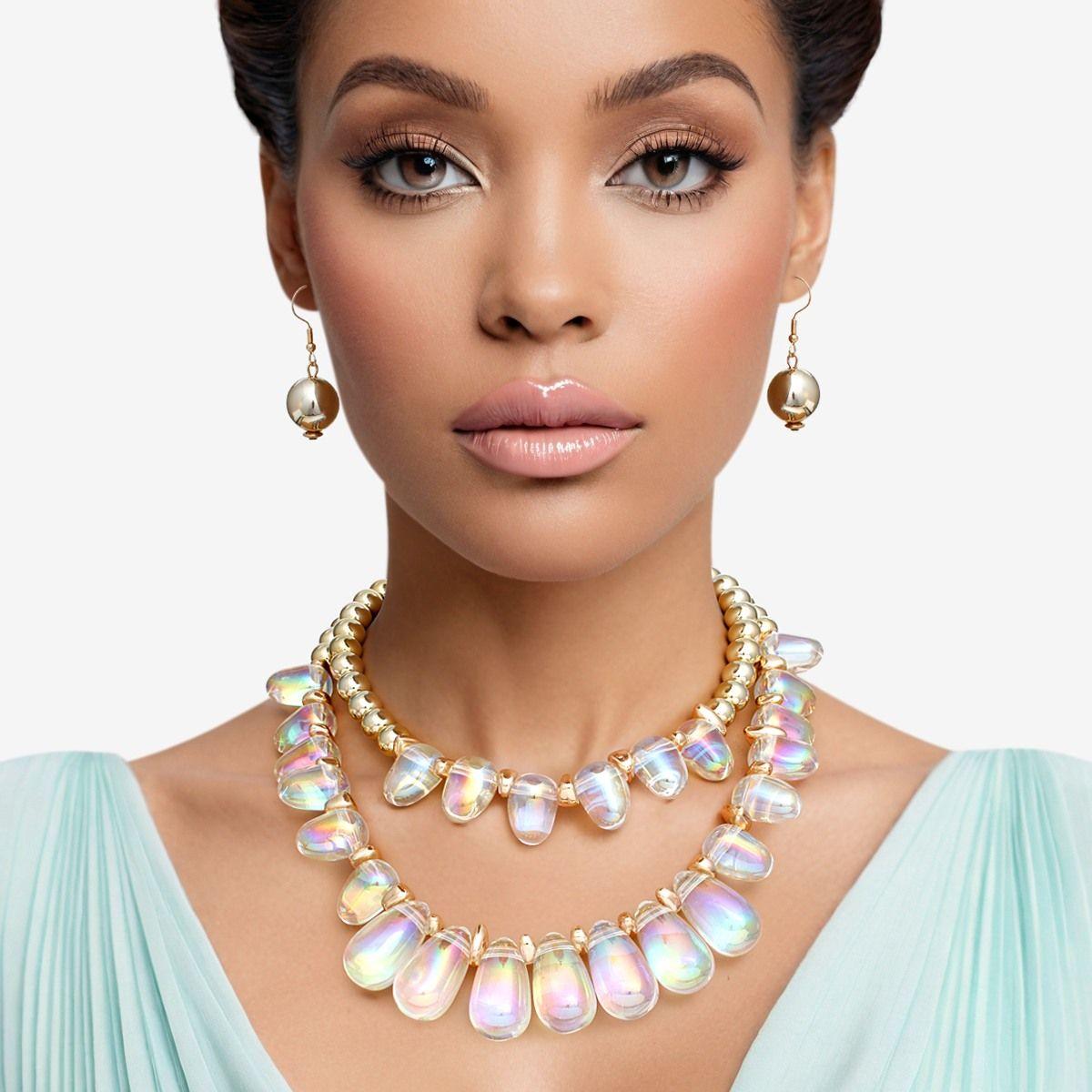 Beaded Clear Iridescent Teardrop Bead Necklace