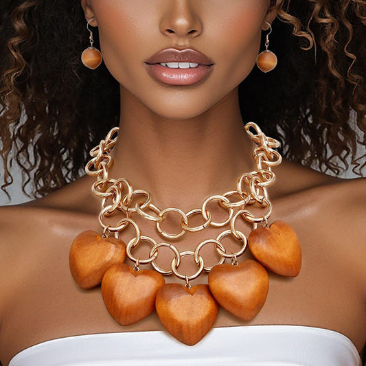 Bib Chunky Brown Wooden Heart Bead Necklace