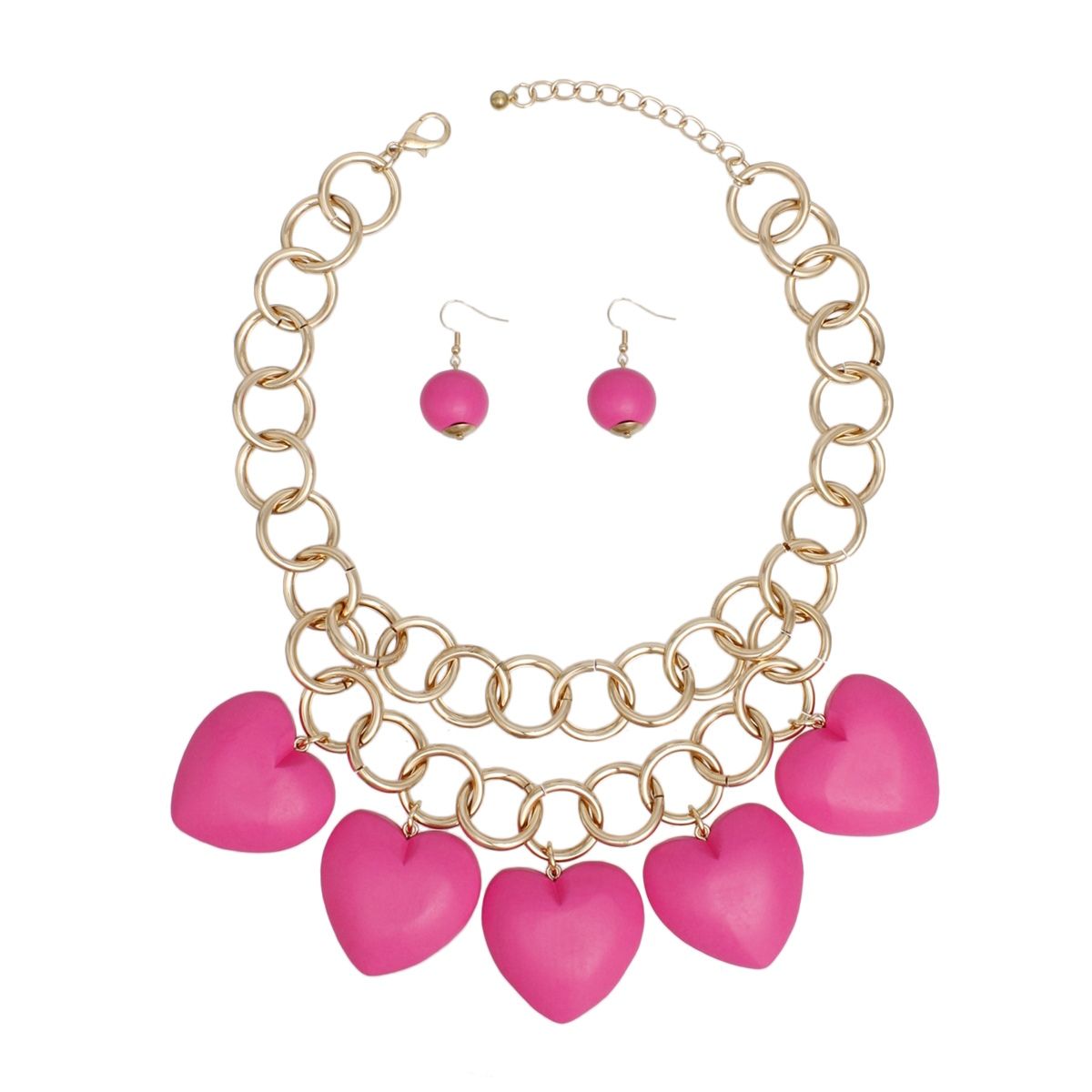 Bib Chunky Fuchsia Wooden Heart Bead Necklace