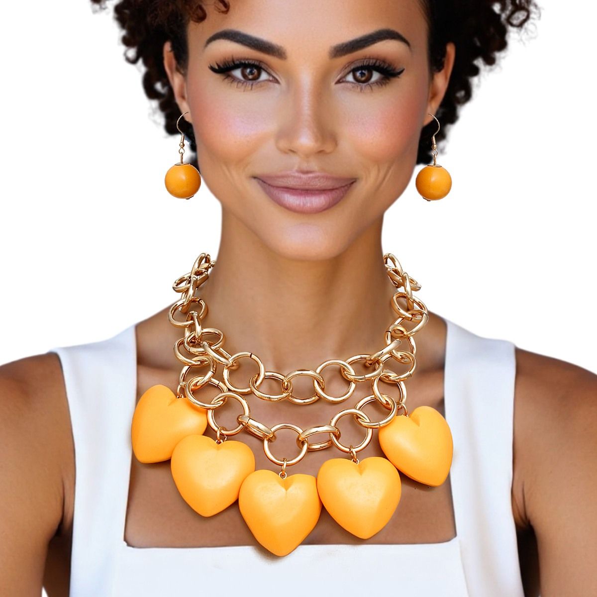 Bib Chunky Orange Wooden Heart Bead Necklace