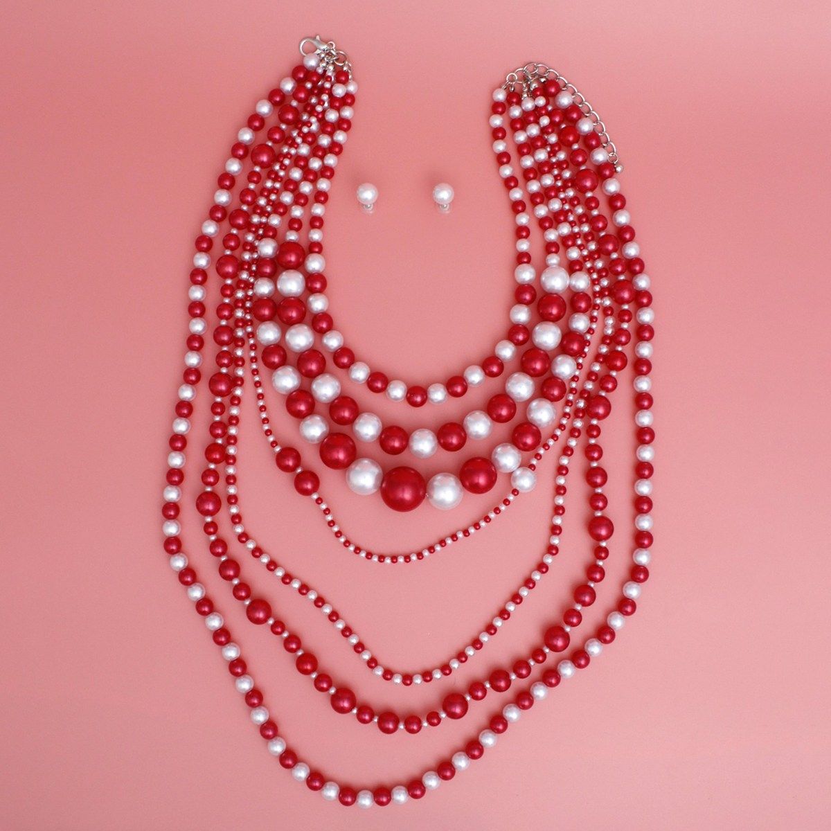 DST Sorority Red White 7 Strand Pearl Necklace