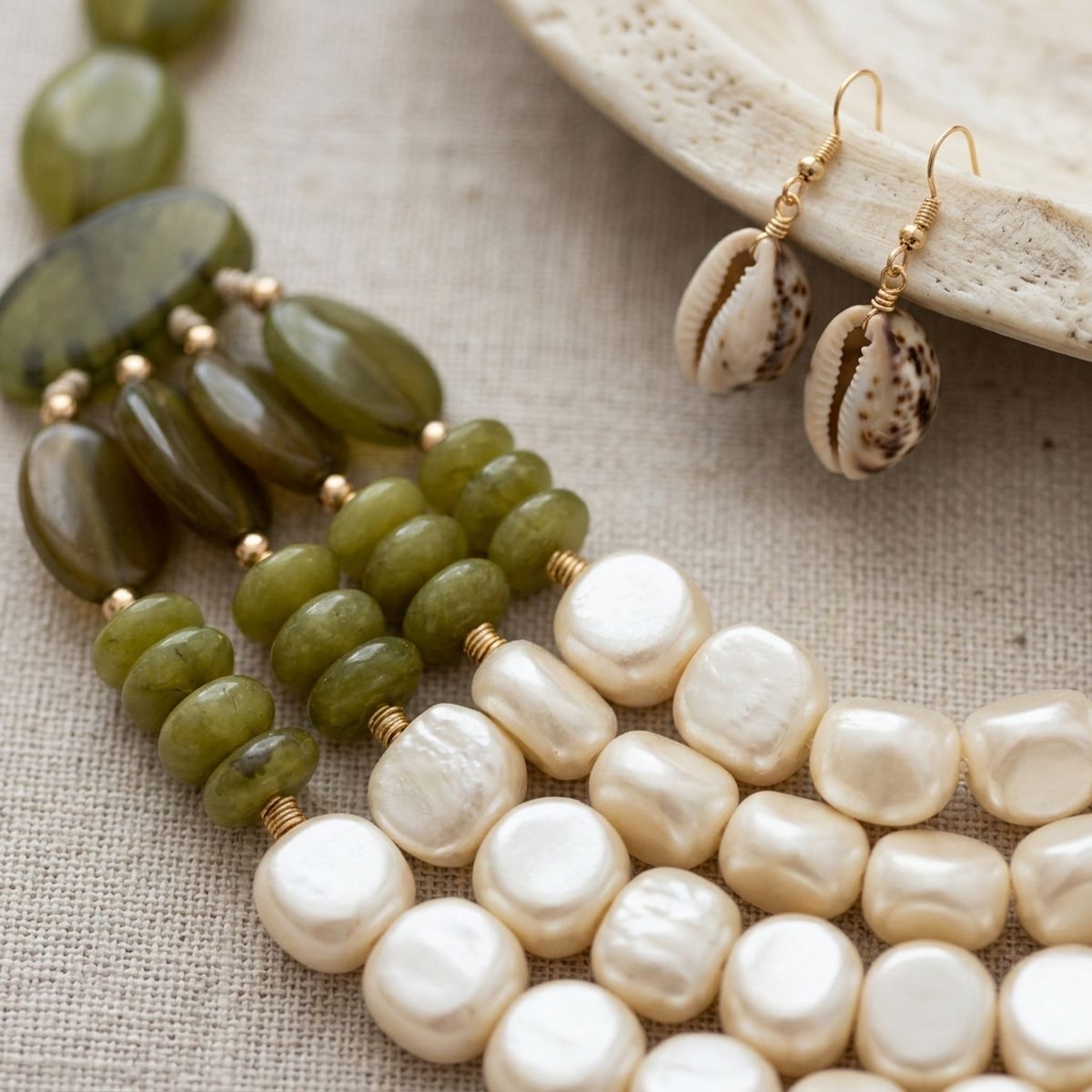 Marbled Olive & Creamy Shine Beaded Layer Necklace