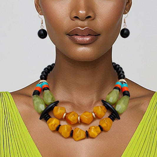 Beaded Mustard Stone Ethnic Chic Layered Necklace