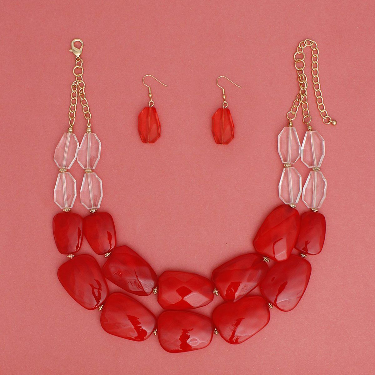 Collar Vibrant Marbled Red Bead Layered Necklace