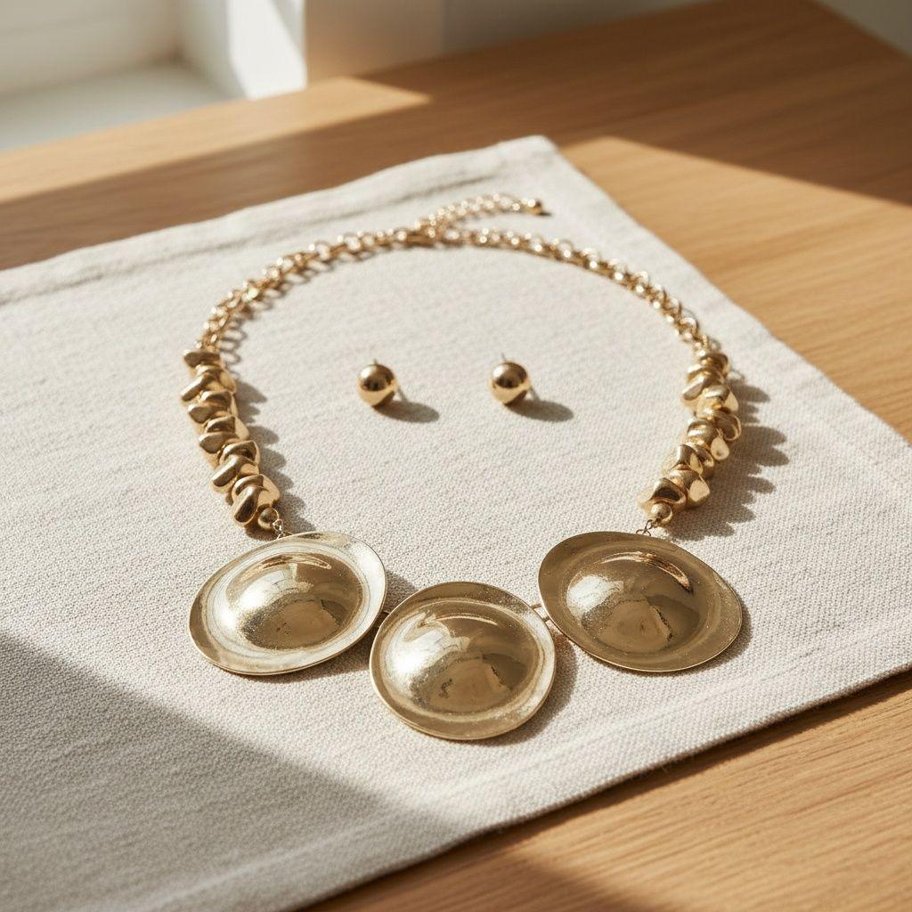 Bib Polished Gold Sculptural Metal Disc Necklace
