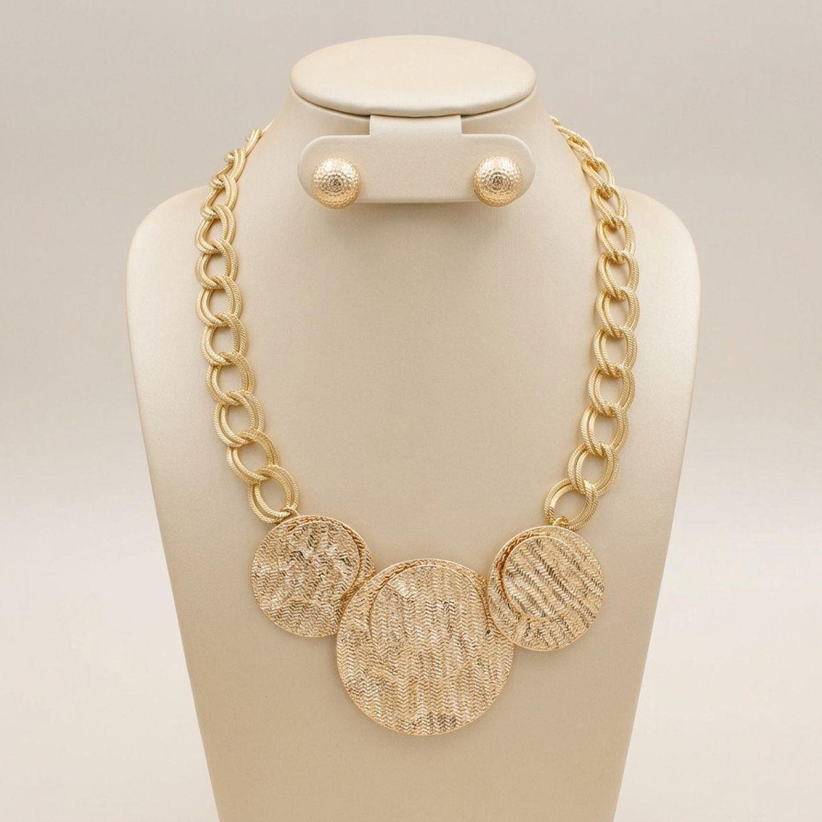Bib Gold Wavy Stacked Discs Double Link Necklace