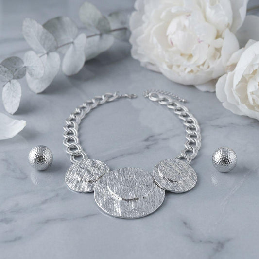 Bib Silver Wavy Stacked Discs Double Link Necklace
