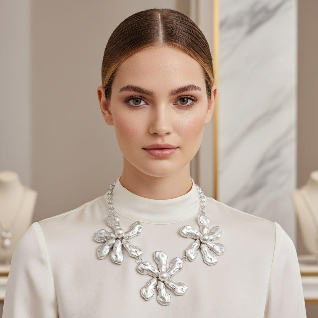 Bib Matte Silver Chunky Floral Organic Necklace