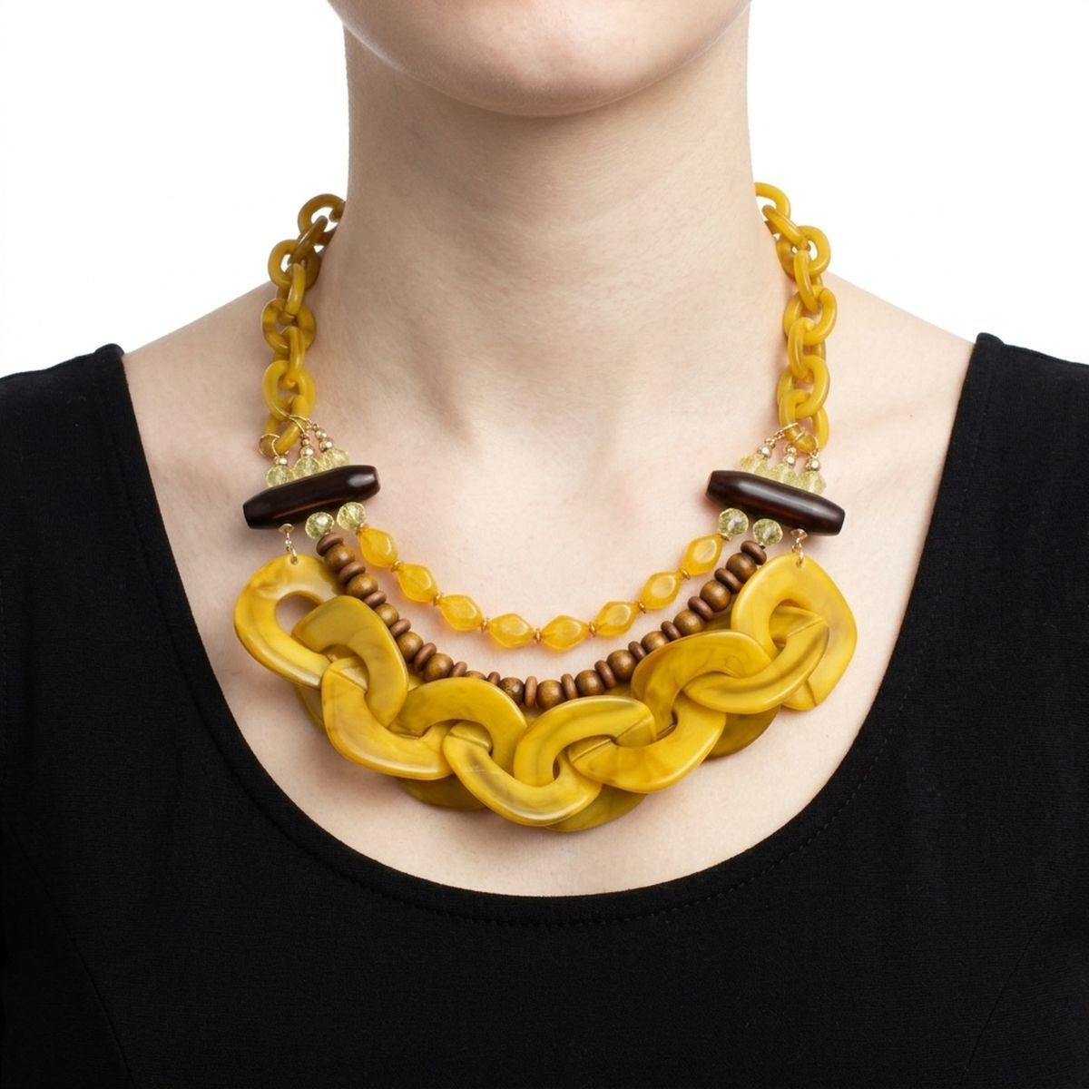 Yellow Bib Wood Bead and Link Layer Necklace