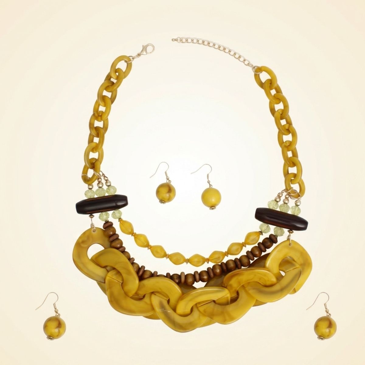 Yellow Bib Wood Bead and Link Layer Necklace