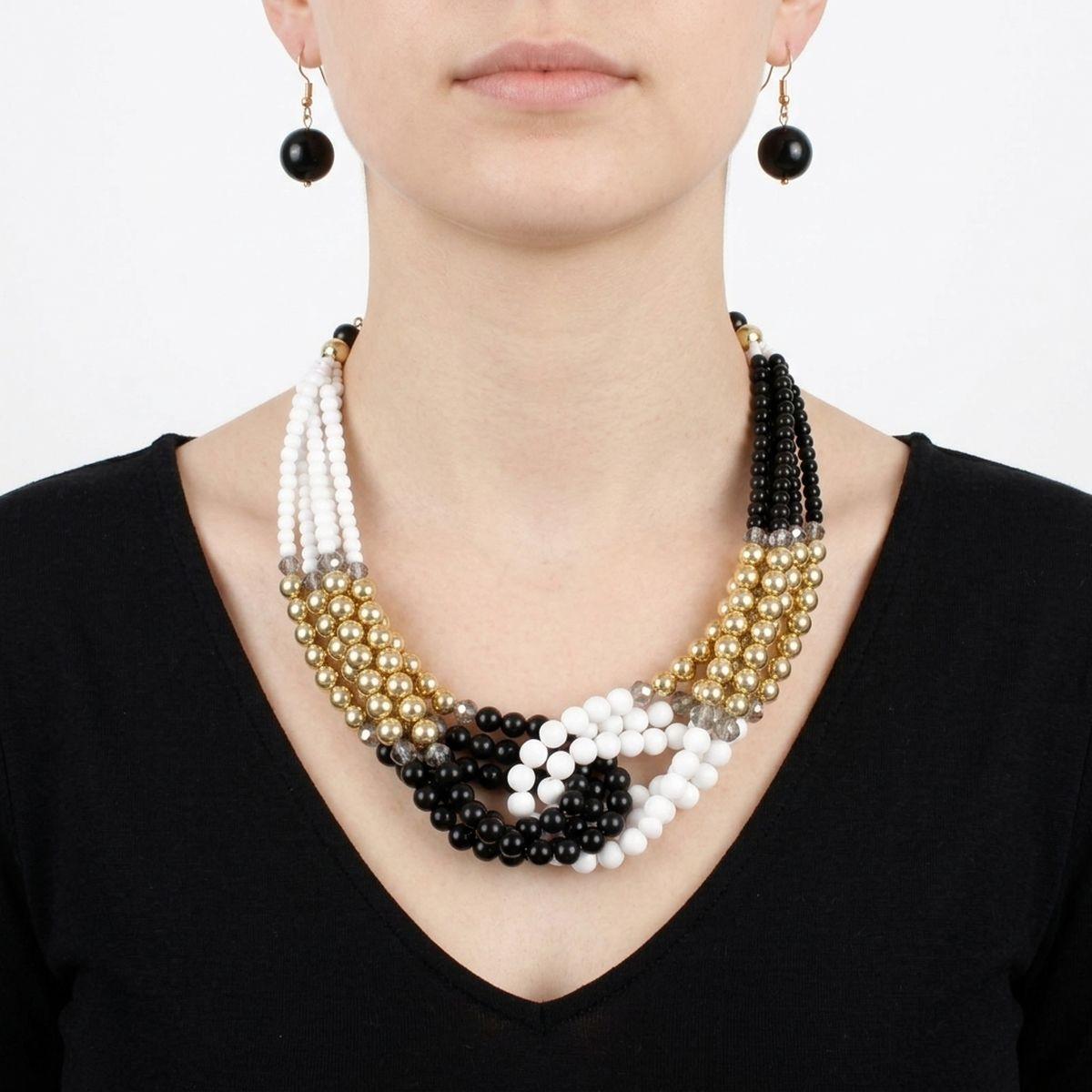 Black White Colorblock Bead Looped Layer Necklace
