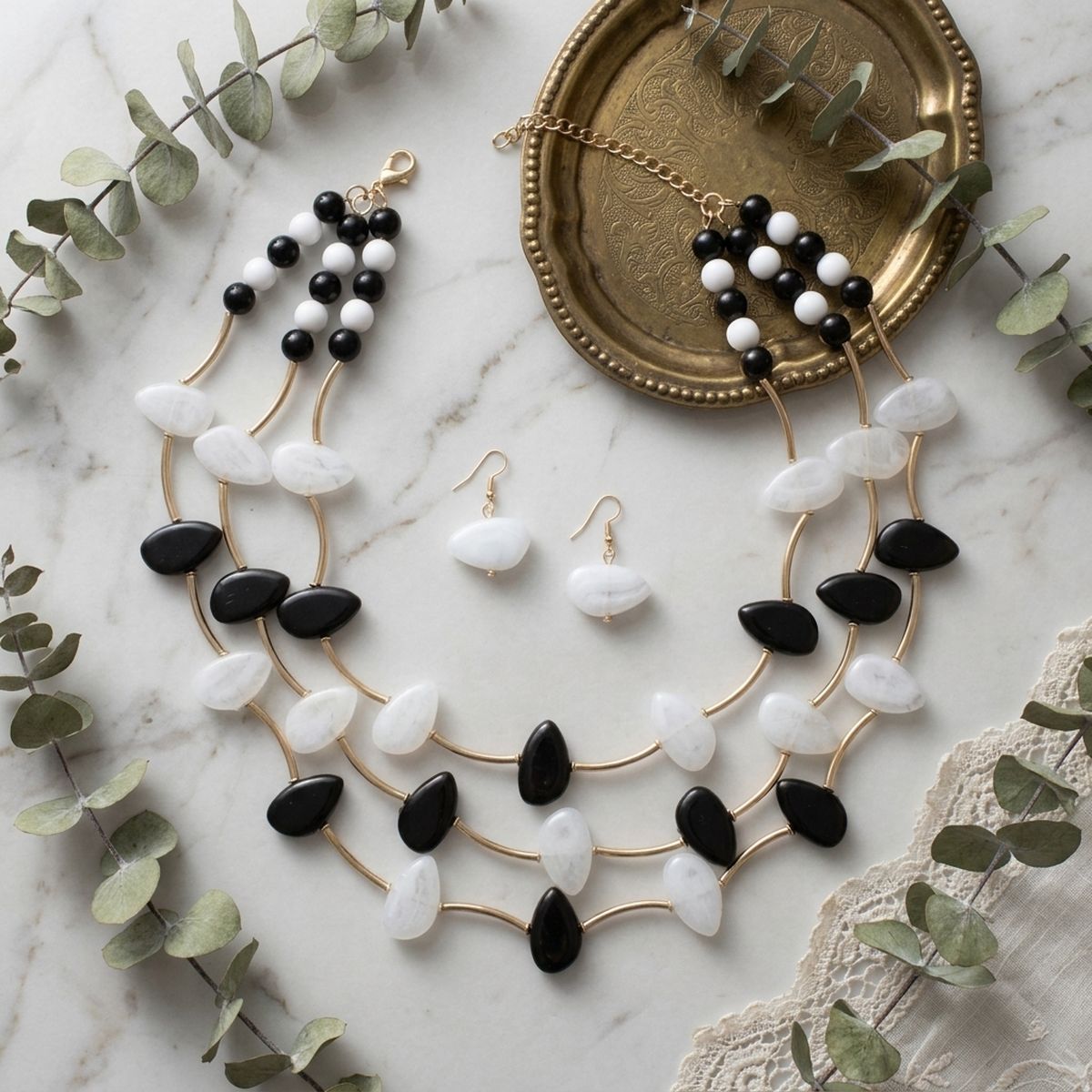 Layered Black and White Gold Tube Bead Necklace