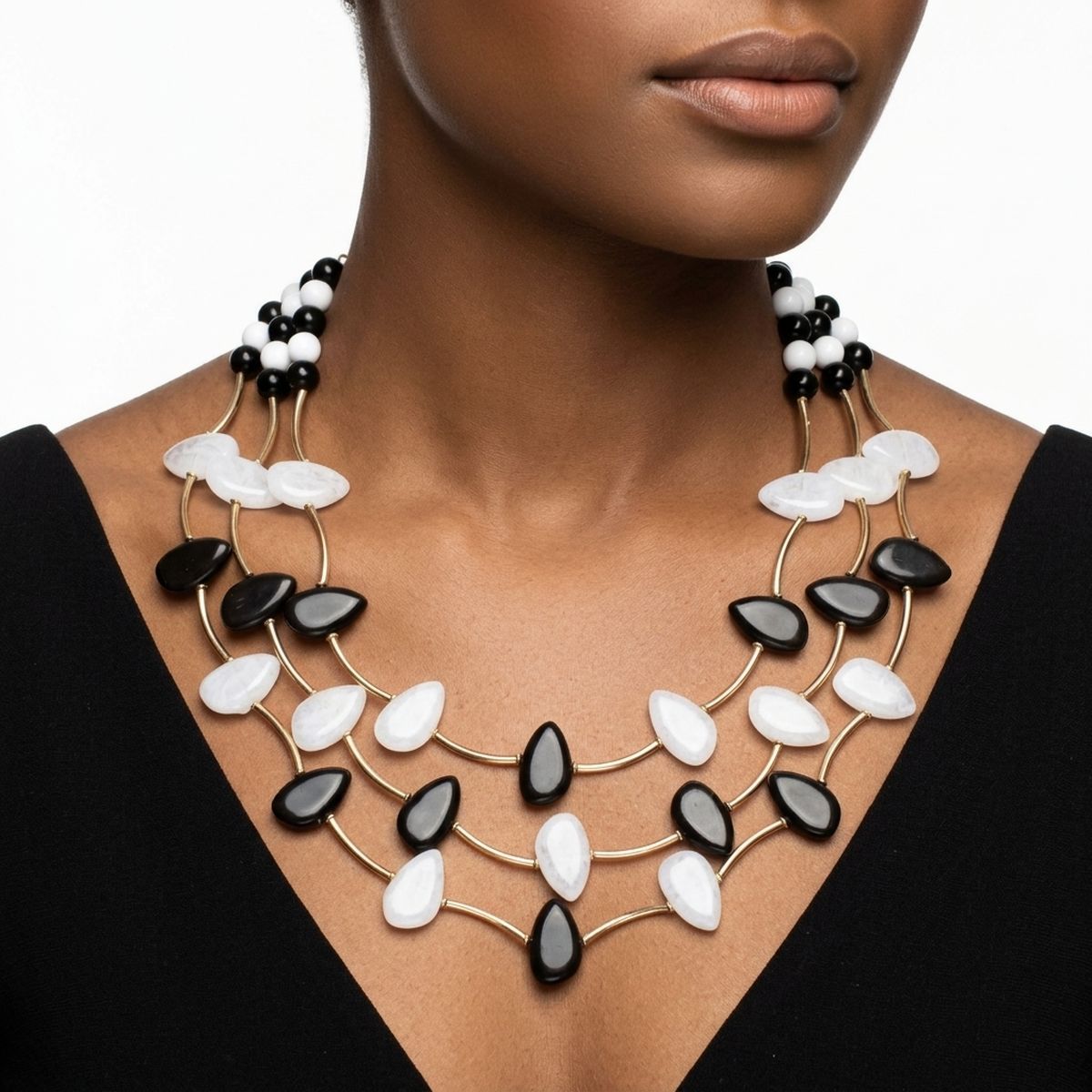 Layered Black and White Gold Tube Bead Necklace