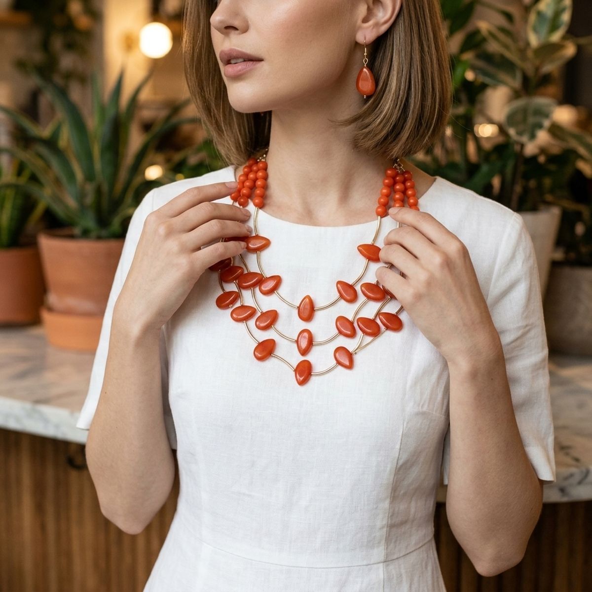 Layered Orange Disc and Gold Tube Bead Necklace
