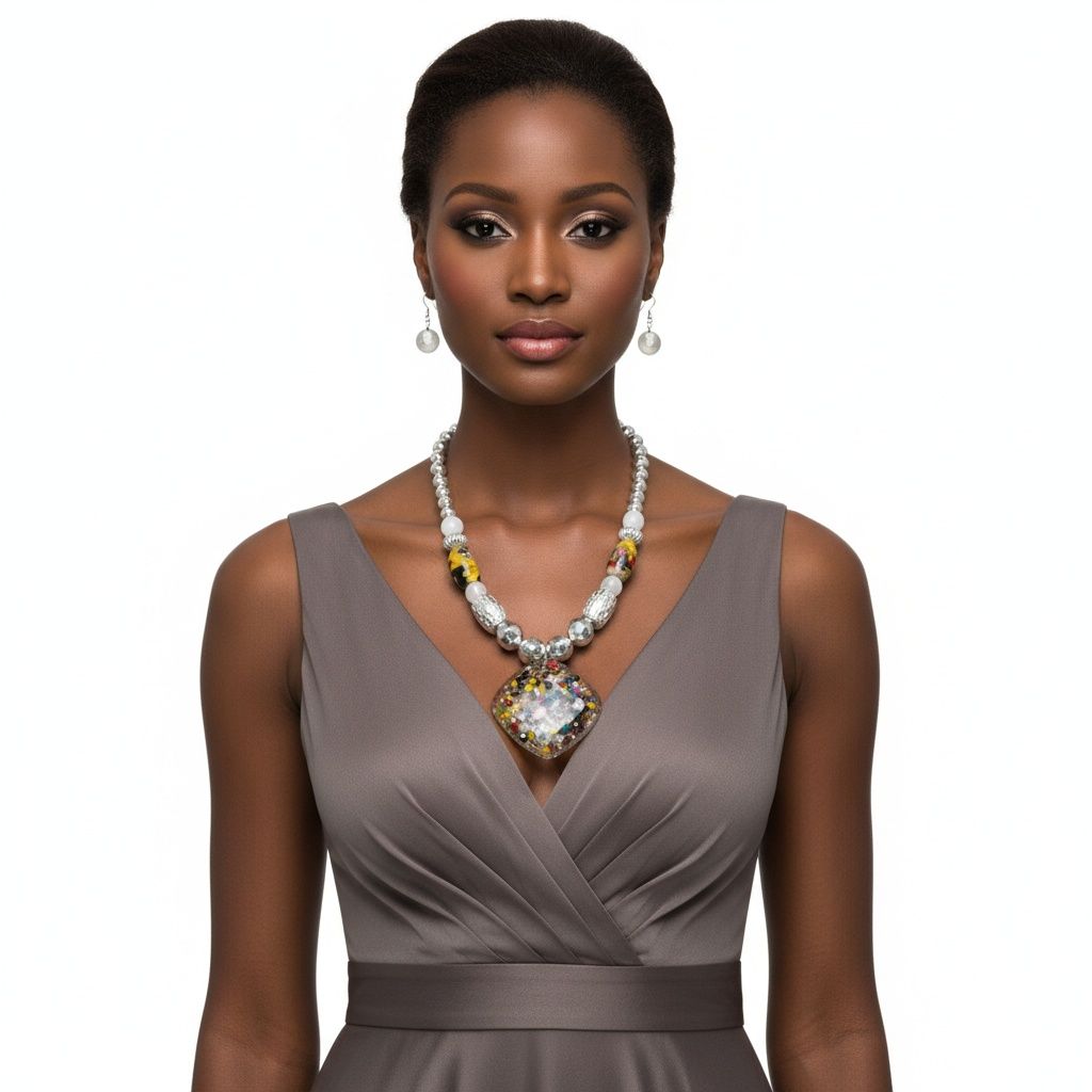 Pendant Confetti Resin White Silver Bead Necklace