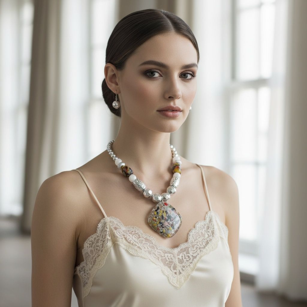 Pendant Confetti Resin White Silver Bead Necklace