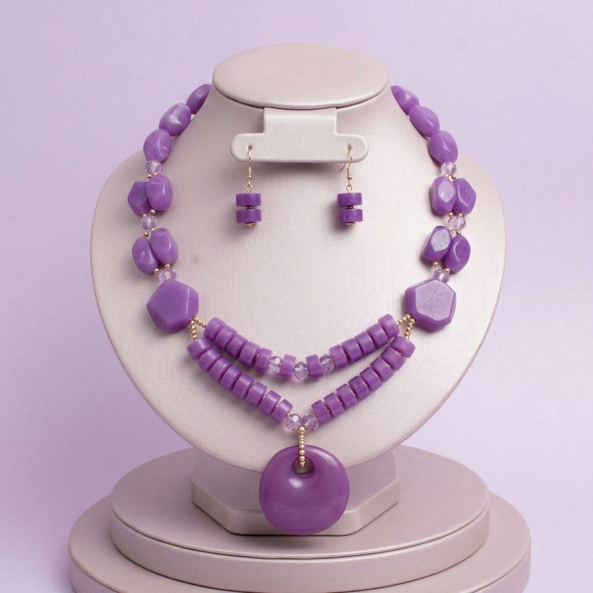 Long Bold Purple Chunky Beaded Pendant Necklace