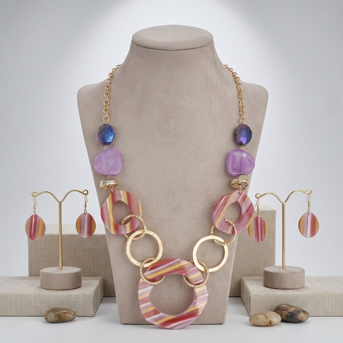 Long Fuchsia Stripe Mixed Elements Link Necklace