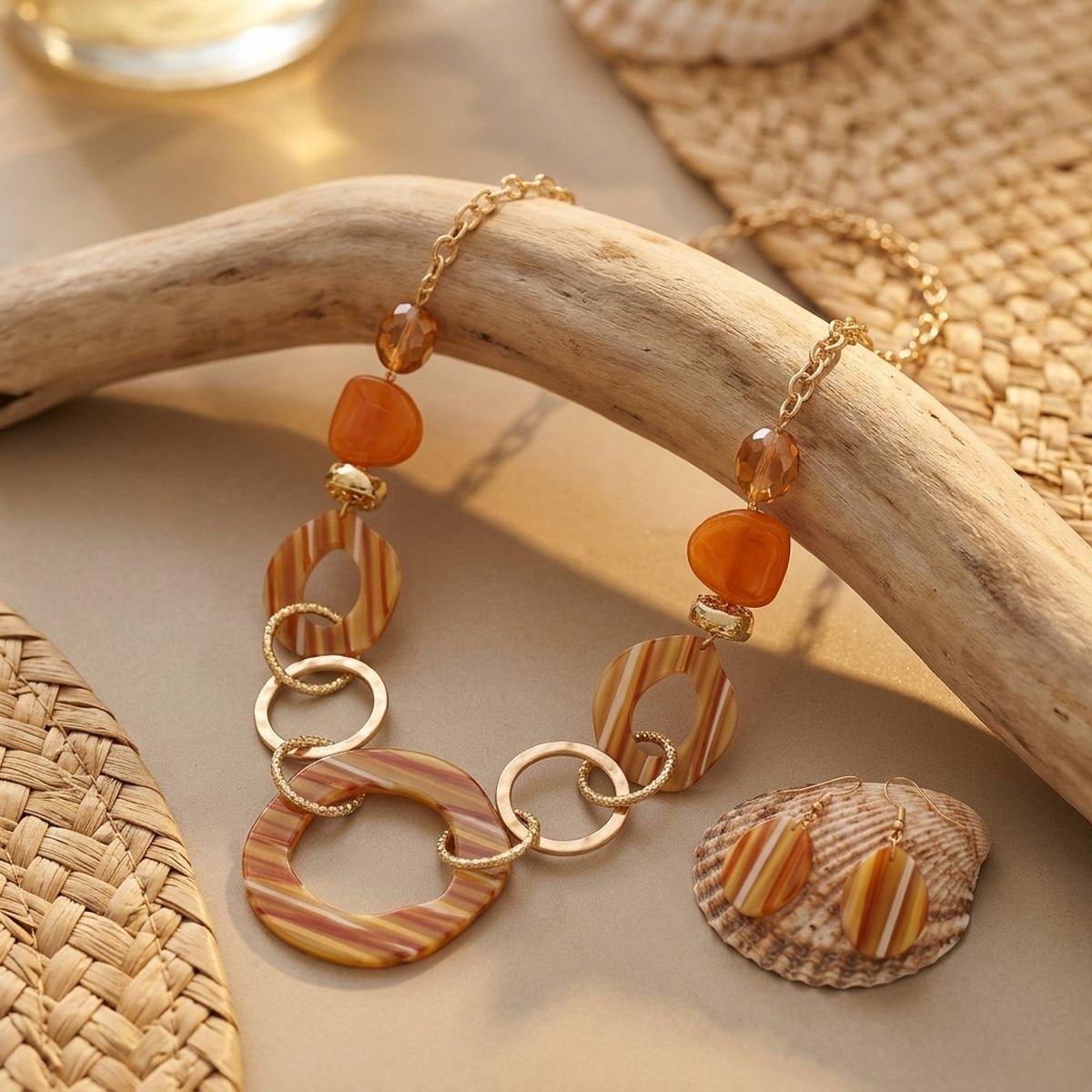 Long Orange Stripe Mixed Elements Link Necklace