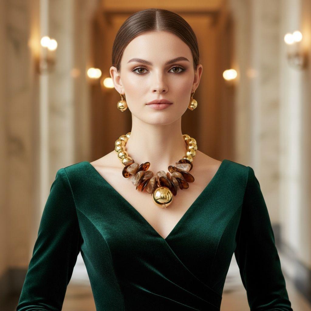Chunky Stone Disc Gold Ball Bead Toggle Necklace