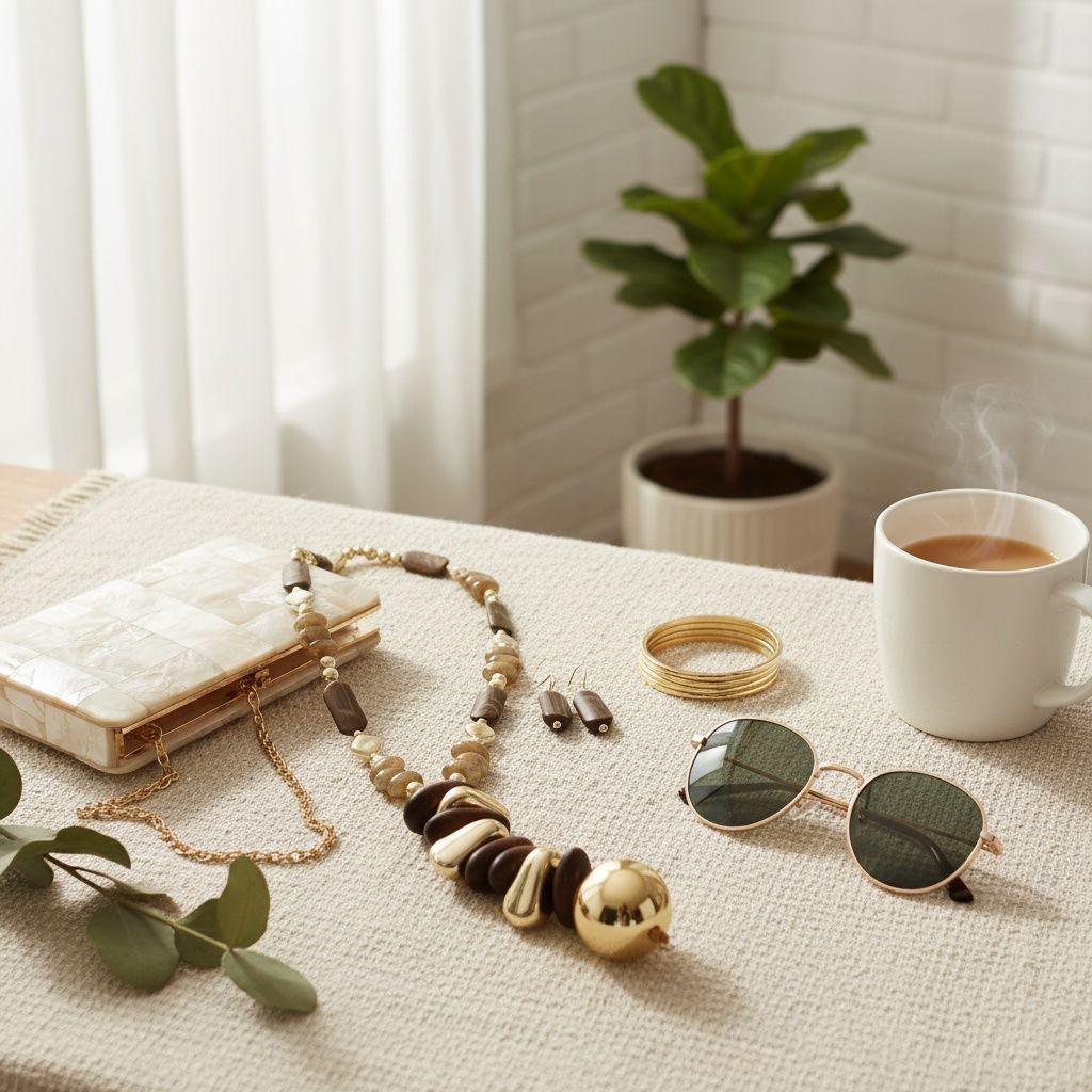 Stacked Wood Bead Marbled Brown Toggle Necklace