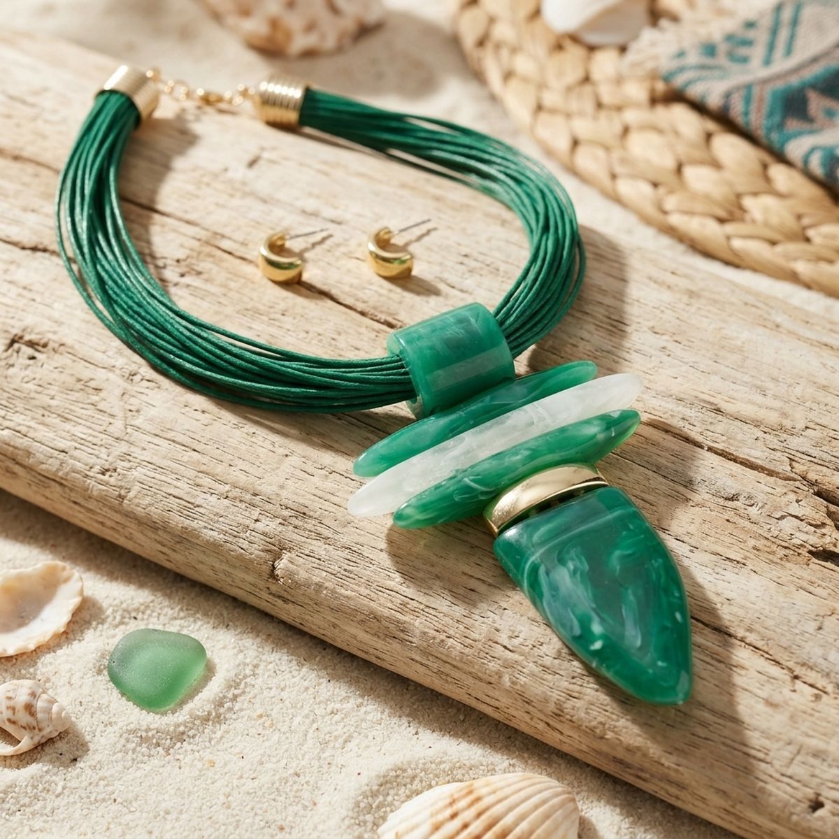Green Marbled Horn Pendant Multi Cord Necklace