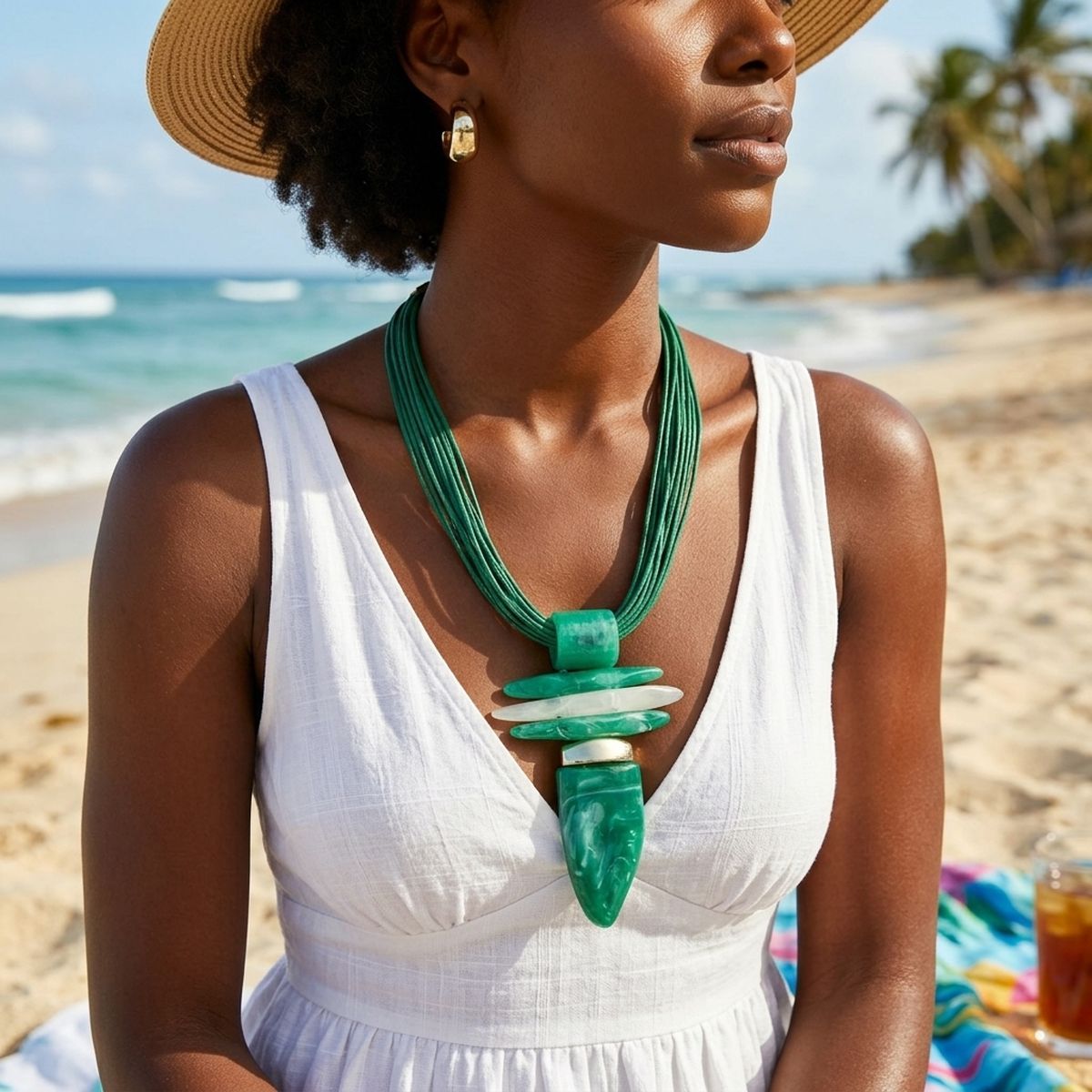 Green Marbled Horn Pendant Multi Cord Necklace