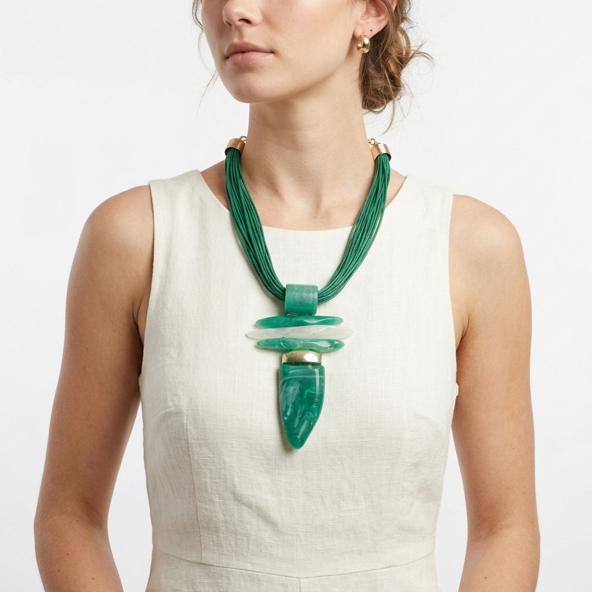 Green Marbled Horn Pendant Multi Cord Necklace