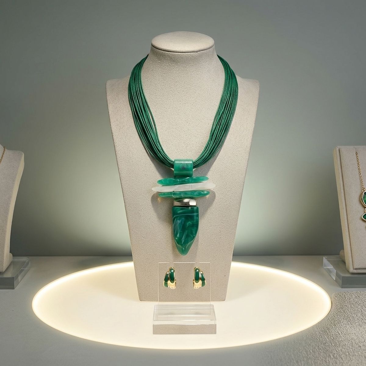 Green Marbled Horn Pendant Multi Cord Necklace