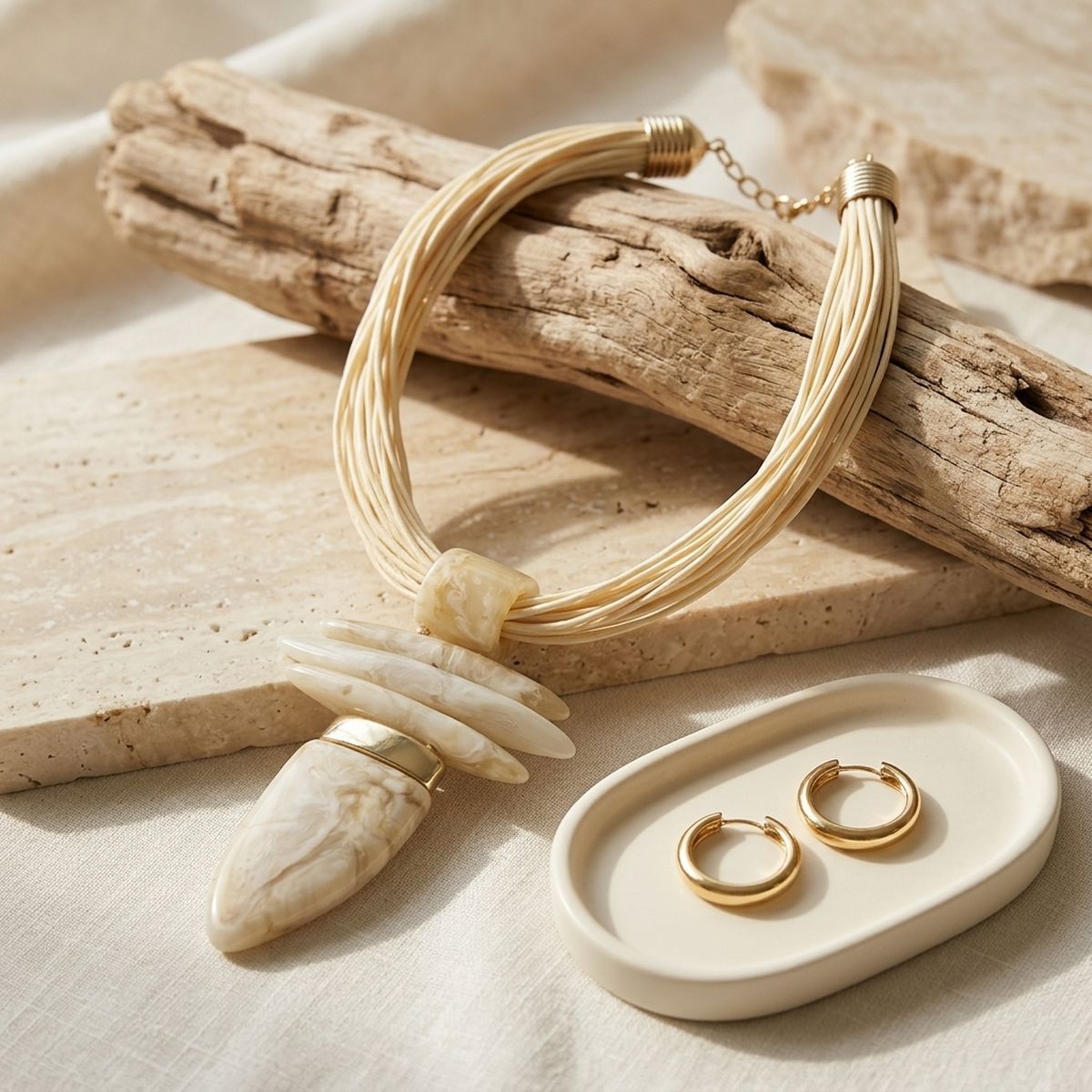 Ivory Marbled Horn Pendant Multi Cord Necklace