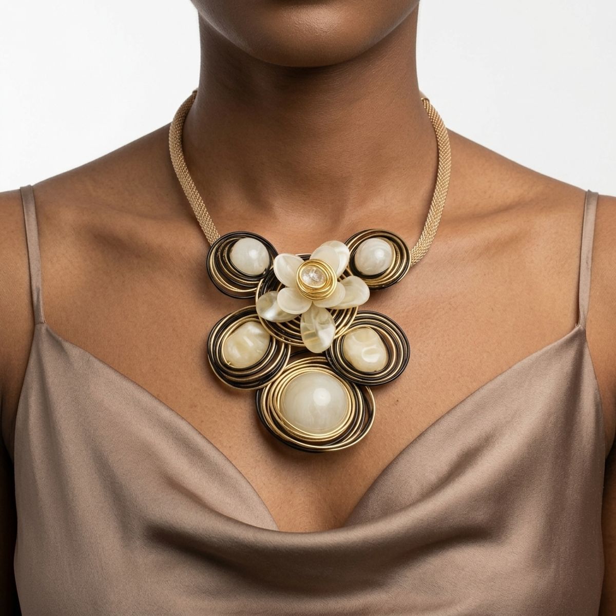Ivory Flower Wire Wrapped Bead Bib Necklace
