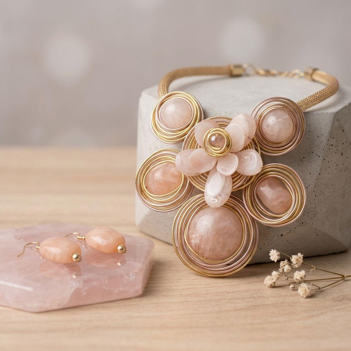 Soft Pink Flower Wire Wrapped Bead Bib Necklace