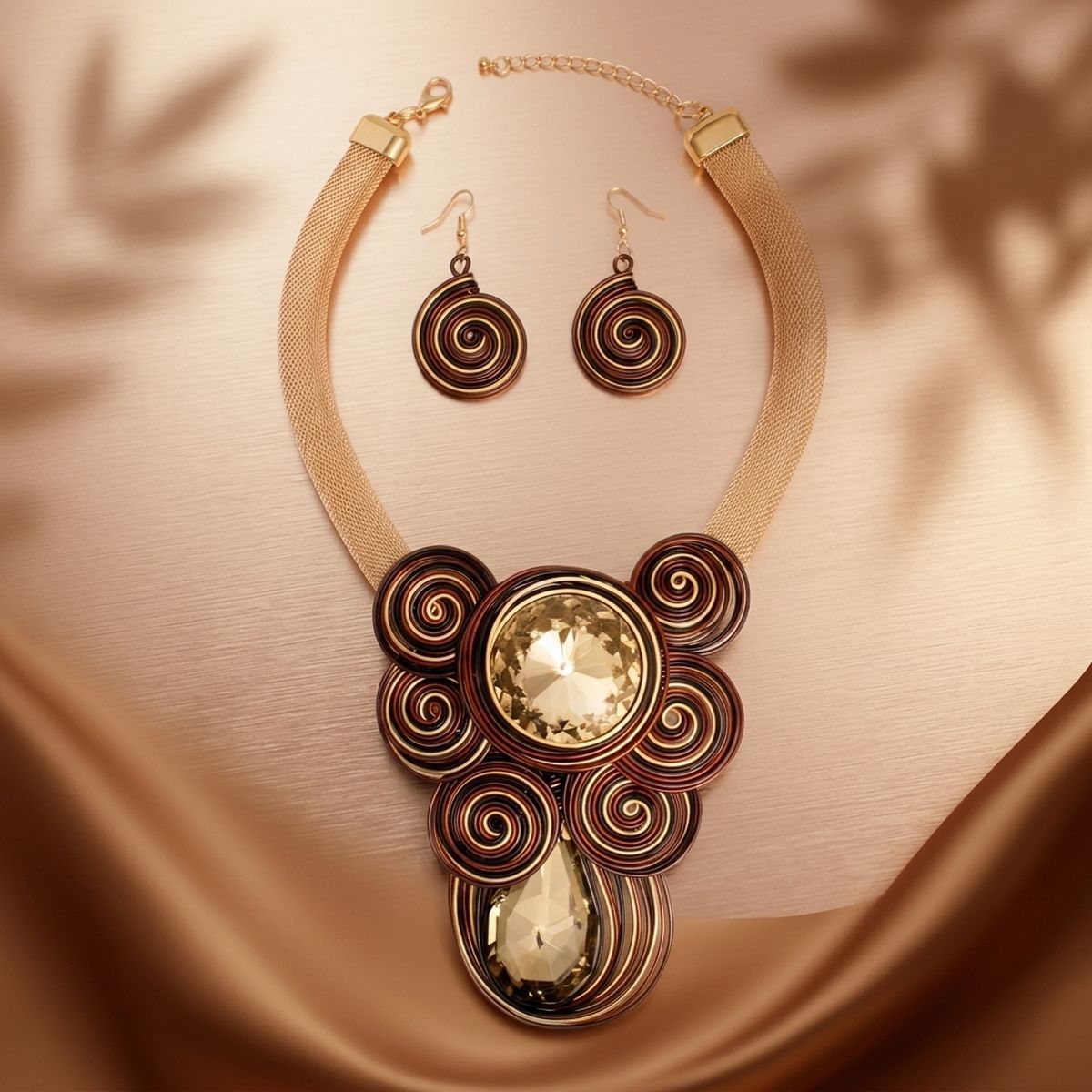 Brown Wire Wrap Teardrop Crystal Bib Necklace