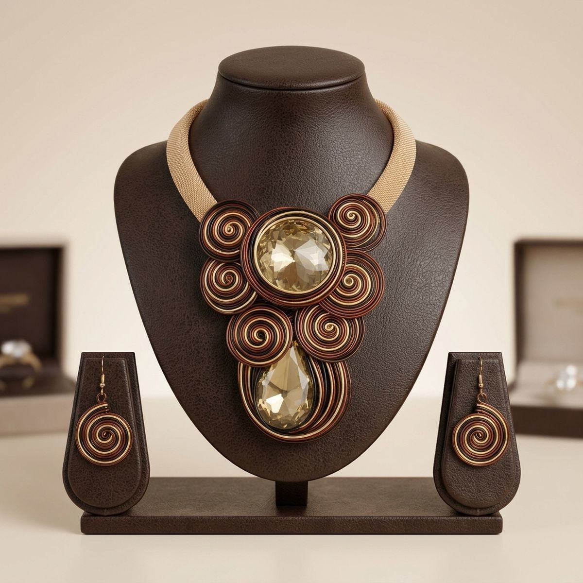Brown Wire Wrap Teardrop Crystal Bib Necklace