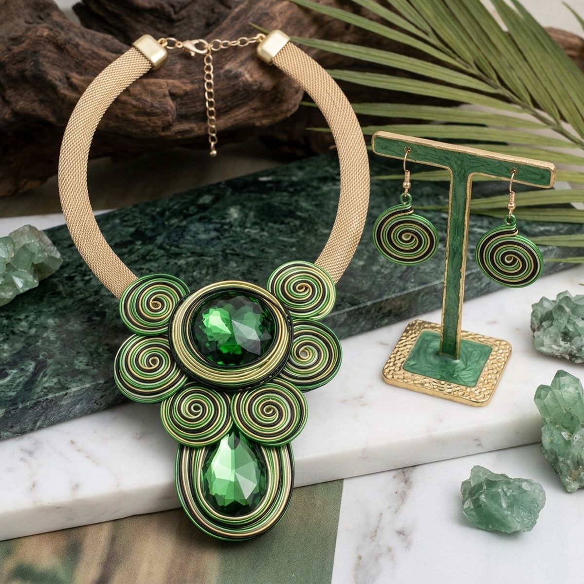 Green Wire Wrap Teardrop Crystal Bib Necklace