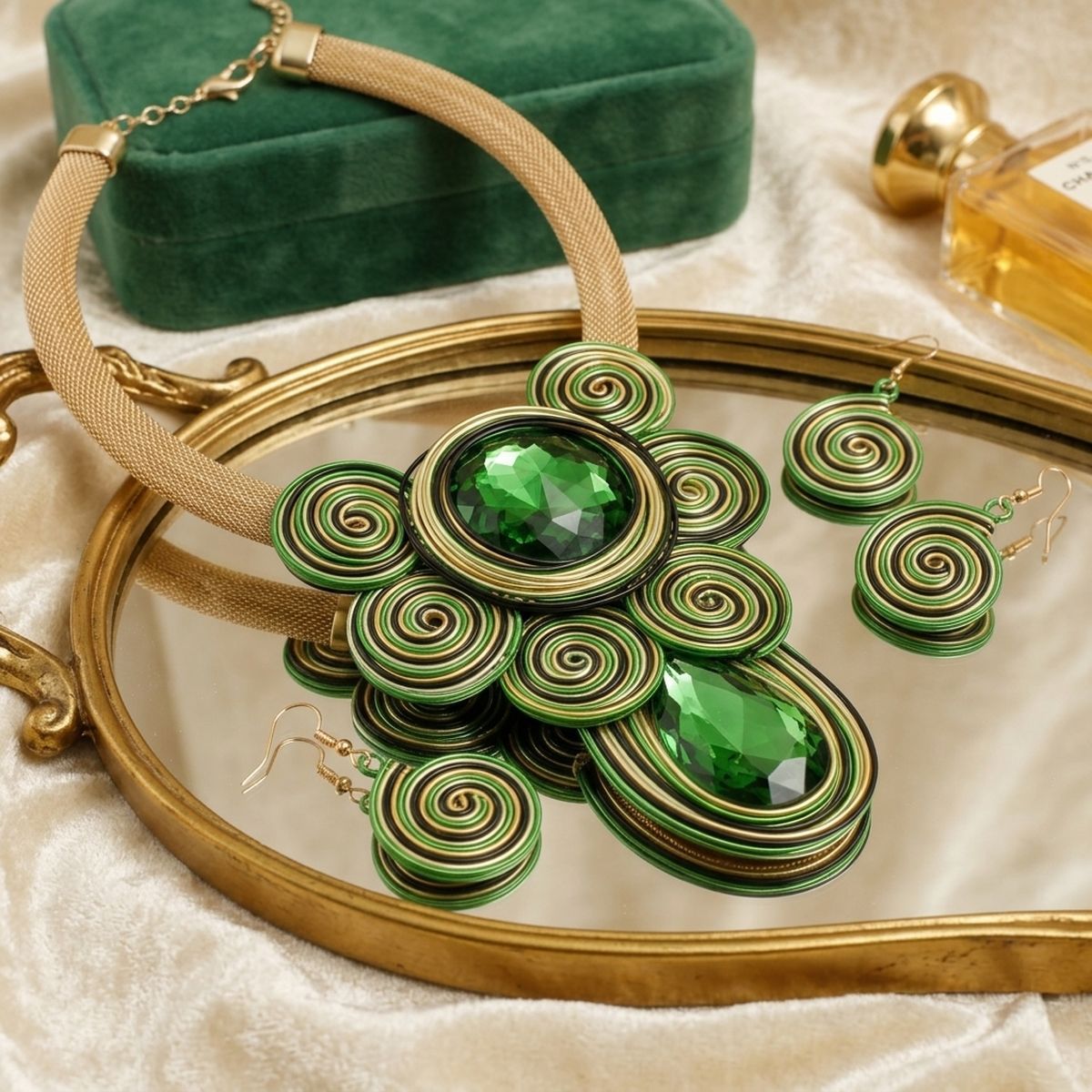 Green Wire Wrap Teardrop Crystal Bib Necklace