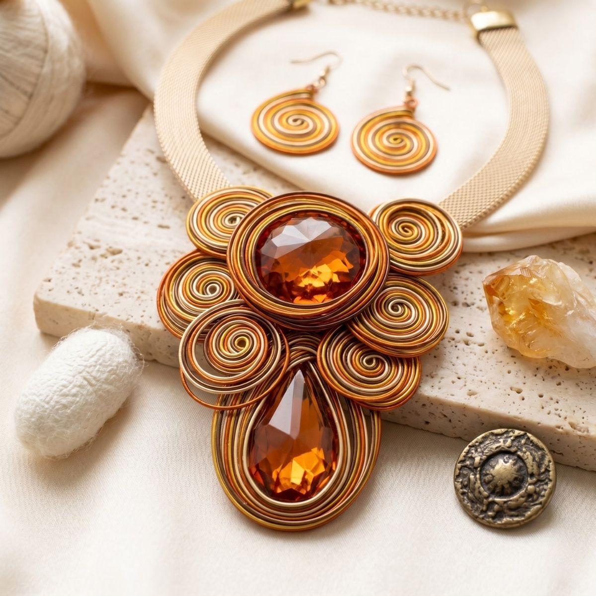 Orange Wire Wrap Teardrop Crystal Bib Necklace