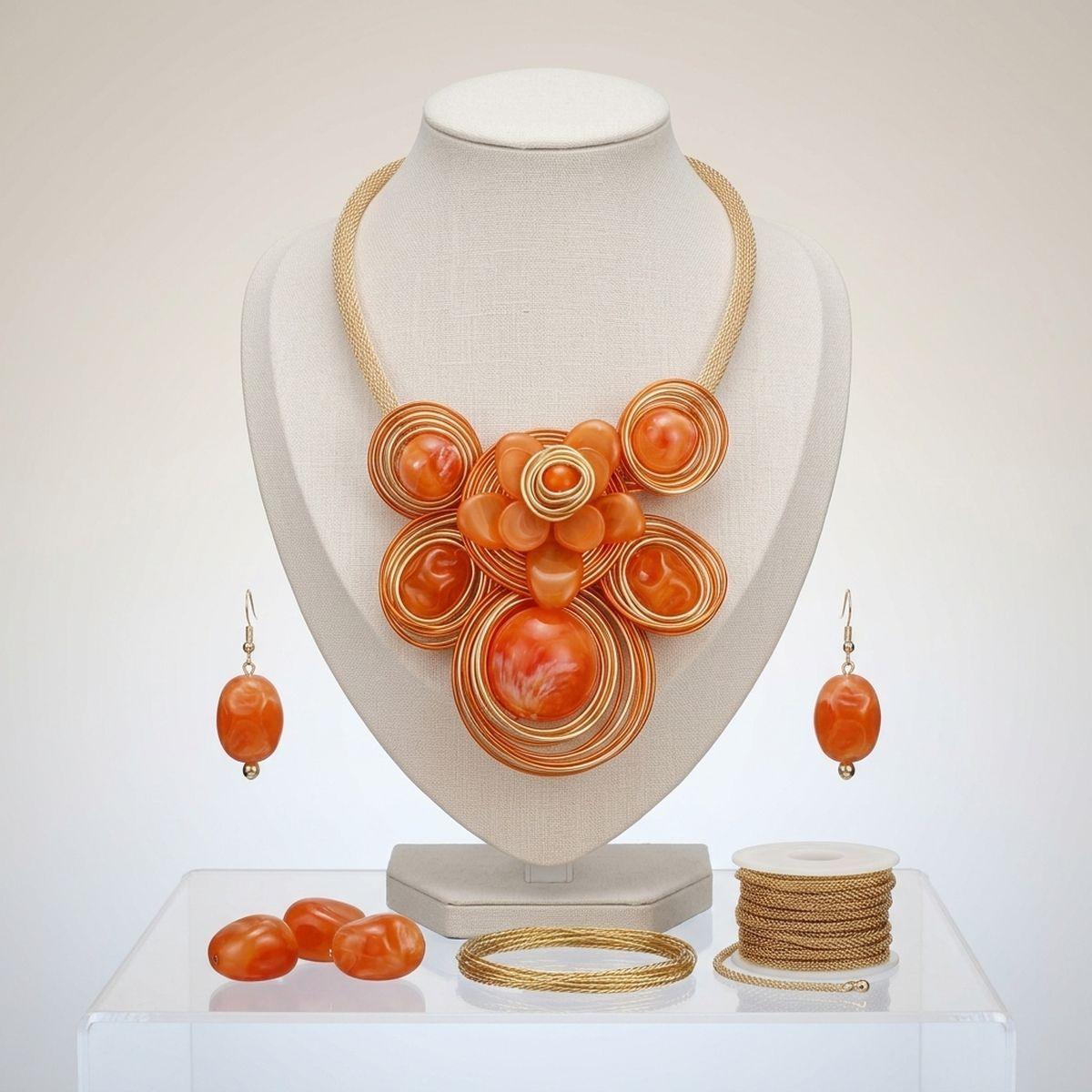 Orange Flower Wire Wrapped Bead Bib Necklace