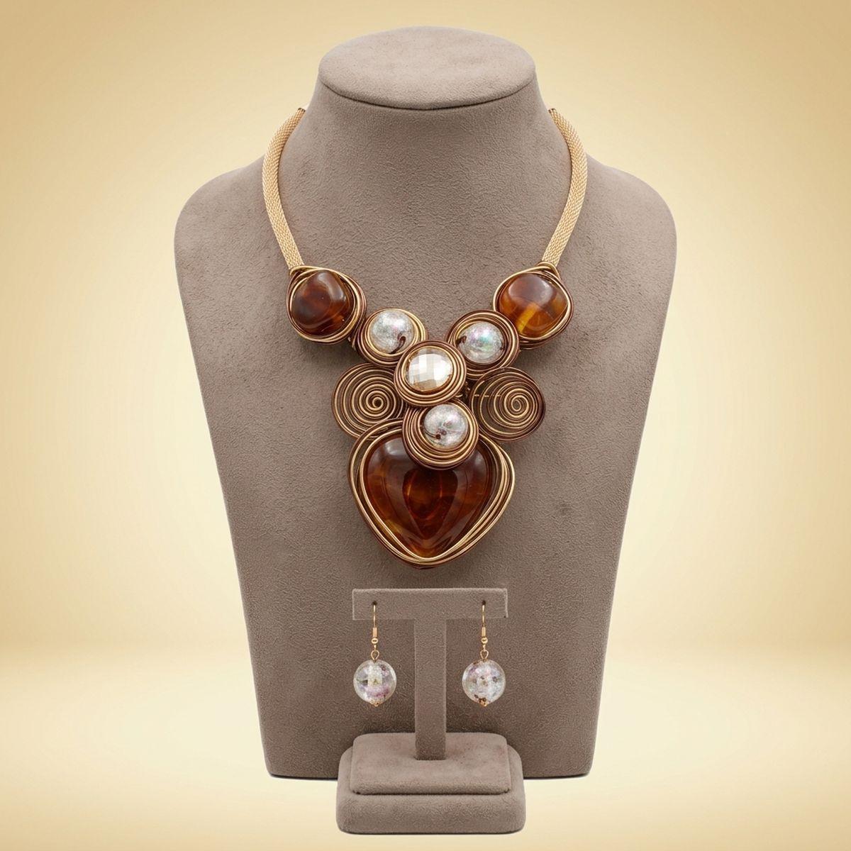 Brown Coiled Wire Heart Handmade Bib Necklace