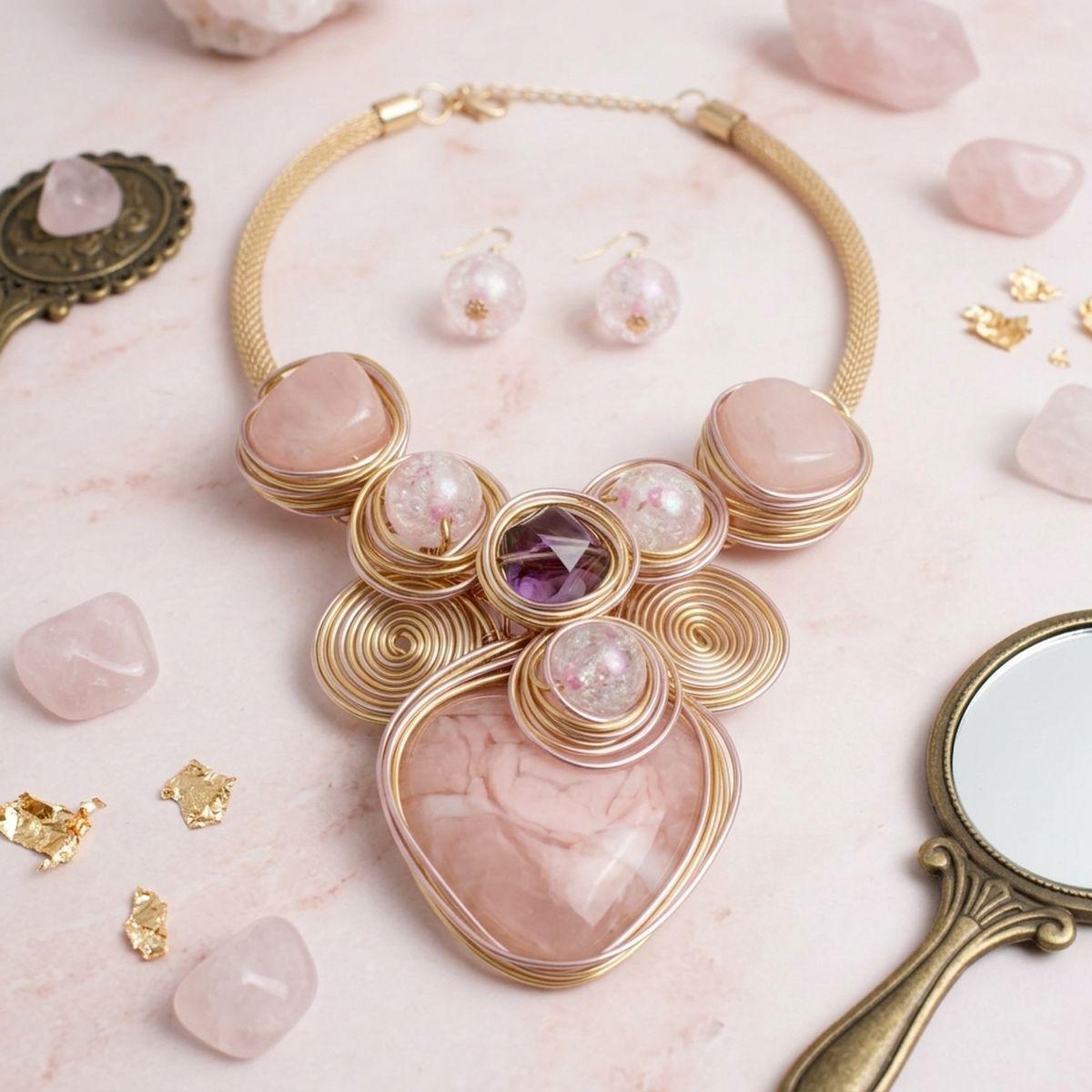 Soft Pink Coiled Wire Heart Handmade Bib Necklace