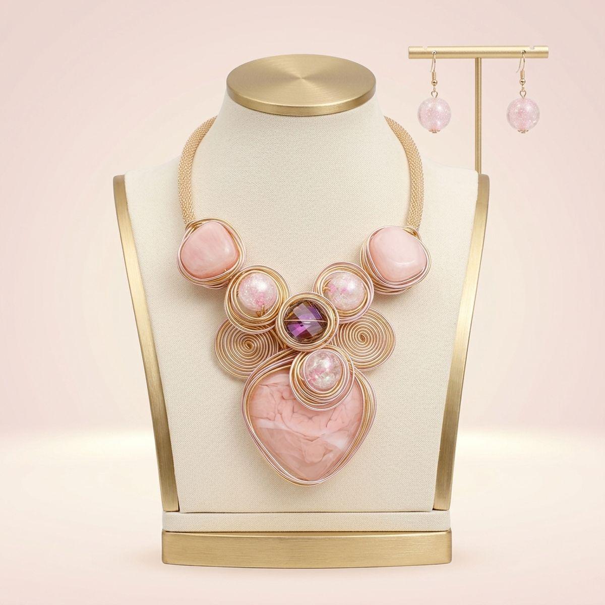 Soft Pink Coiled Wire Heart Handmade Bib Necklace
