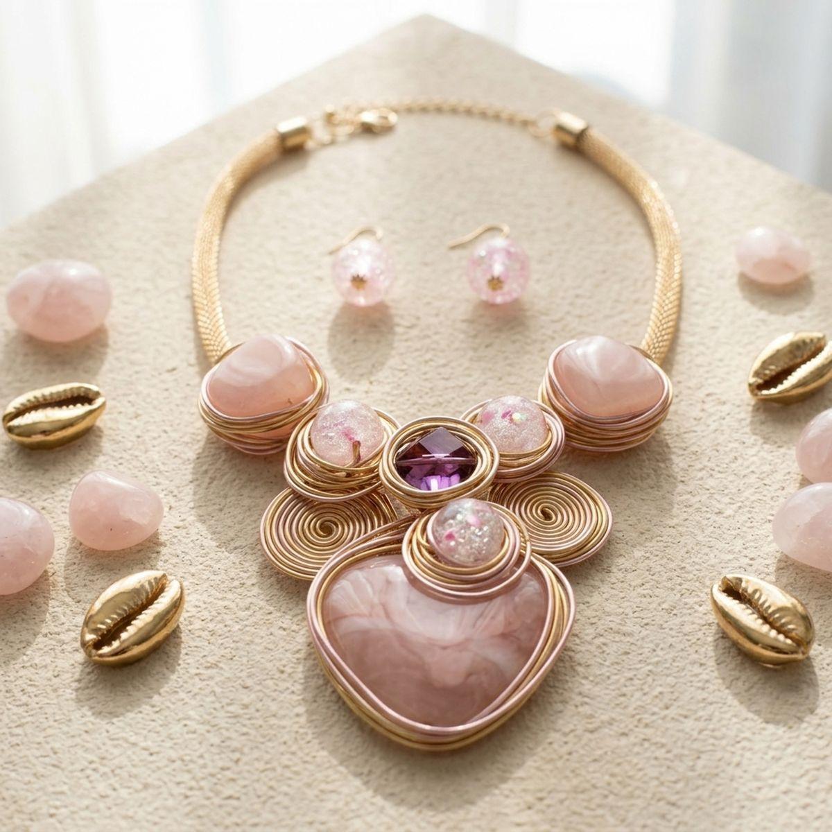 Soft Pink Coiled Wire Heart Handmade Bib Necklace