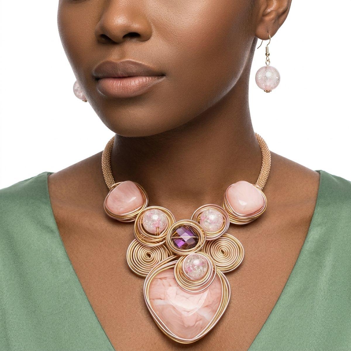 Soft Pink Coiled Wire Heart Handmade Bib Necklace