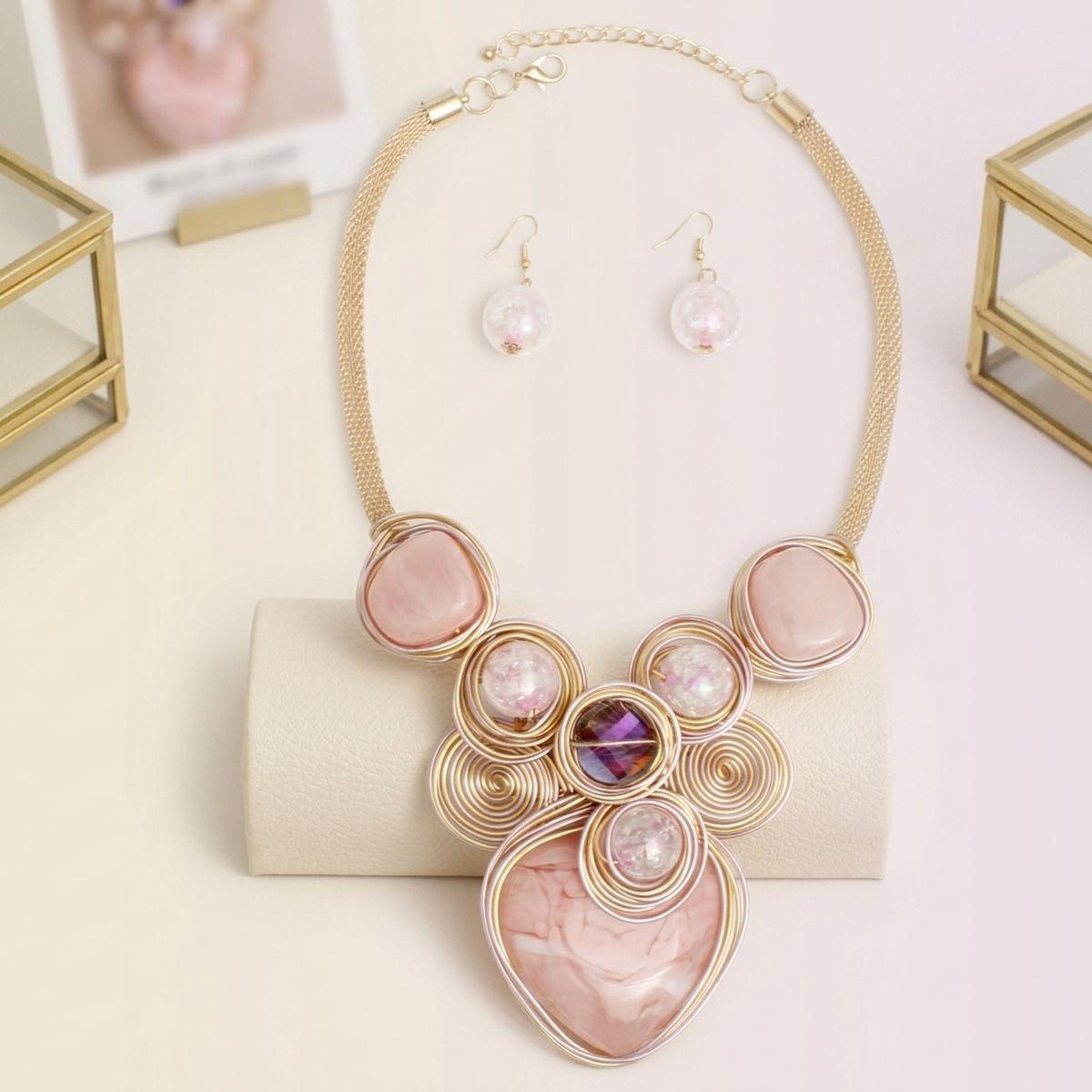 Soft Pink Coiled Wire Heart Handmade Bib Necklace